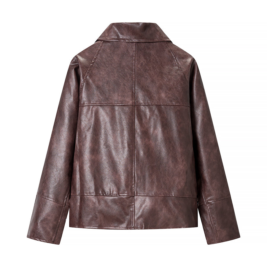 Polo-Collar Short Leather Jacket