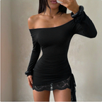 Off Shoulder Women Lace Drawstring Waisted Slim Fit Package Hip