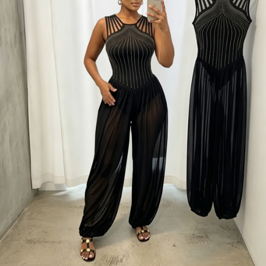 Halter Rhinestone See Through Mesh Slim Fit Sleeveless Design