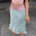Autumn Sweet Color Block Polka Dot Lace Skirt Mid Length Skirt