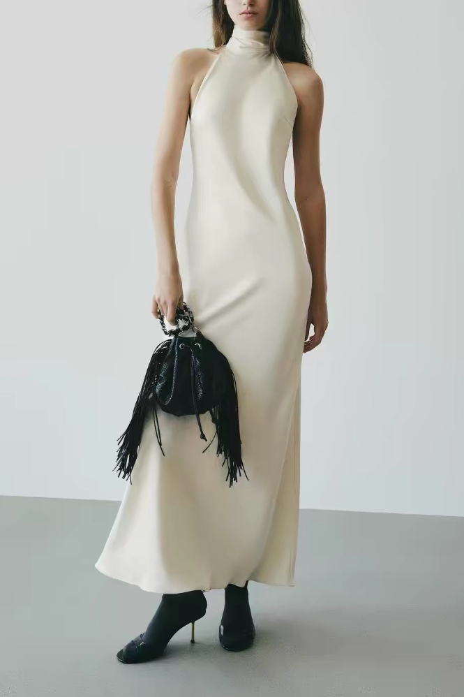 Silk Satin Textured Bow Maxi Dress