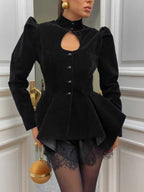 French Slim Fit Velvet Coat With Puffed Sleeves Cutout Chest Long