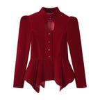 French Slim Fit Velvet Coat With Puffed Sleeves Cutout Chest Long