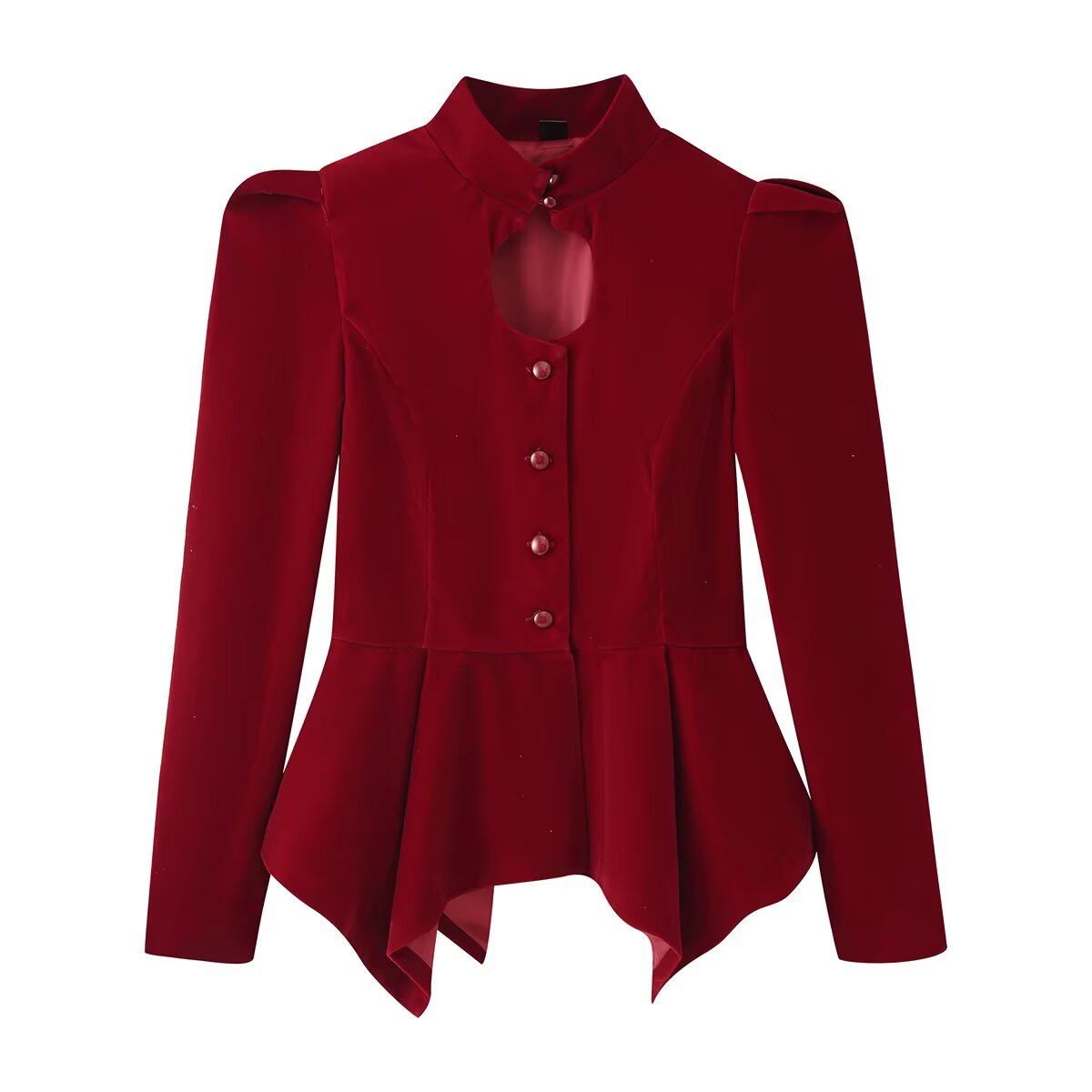 French Slim Fit Velvet Coat With Puffed Sleeves Cutout Chest Long