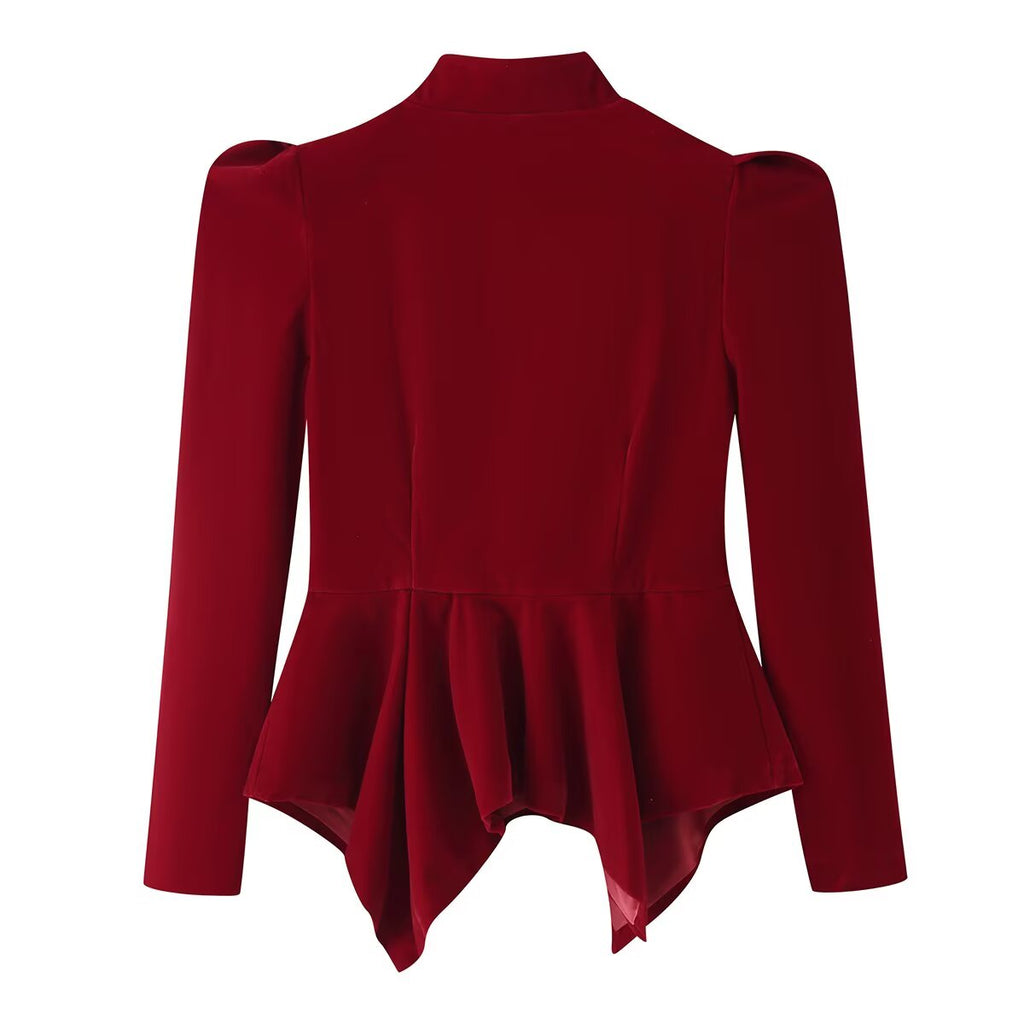 French Slim Fit Velvet Coat With Puffed Sleeves Cutout Chest Long