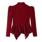 French Slim Fit Velvet Coat With Puffed Sleeves Cutout Chest Long
