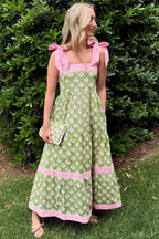 Green Floral Striped Knot-Strap Maxi Dress
