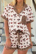 White Cherry Leopard Bow Pajama Set
