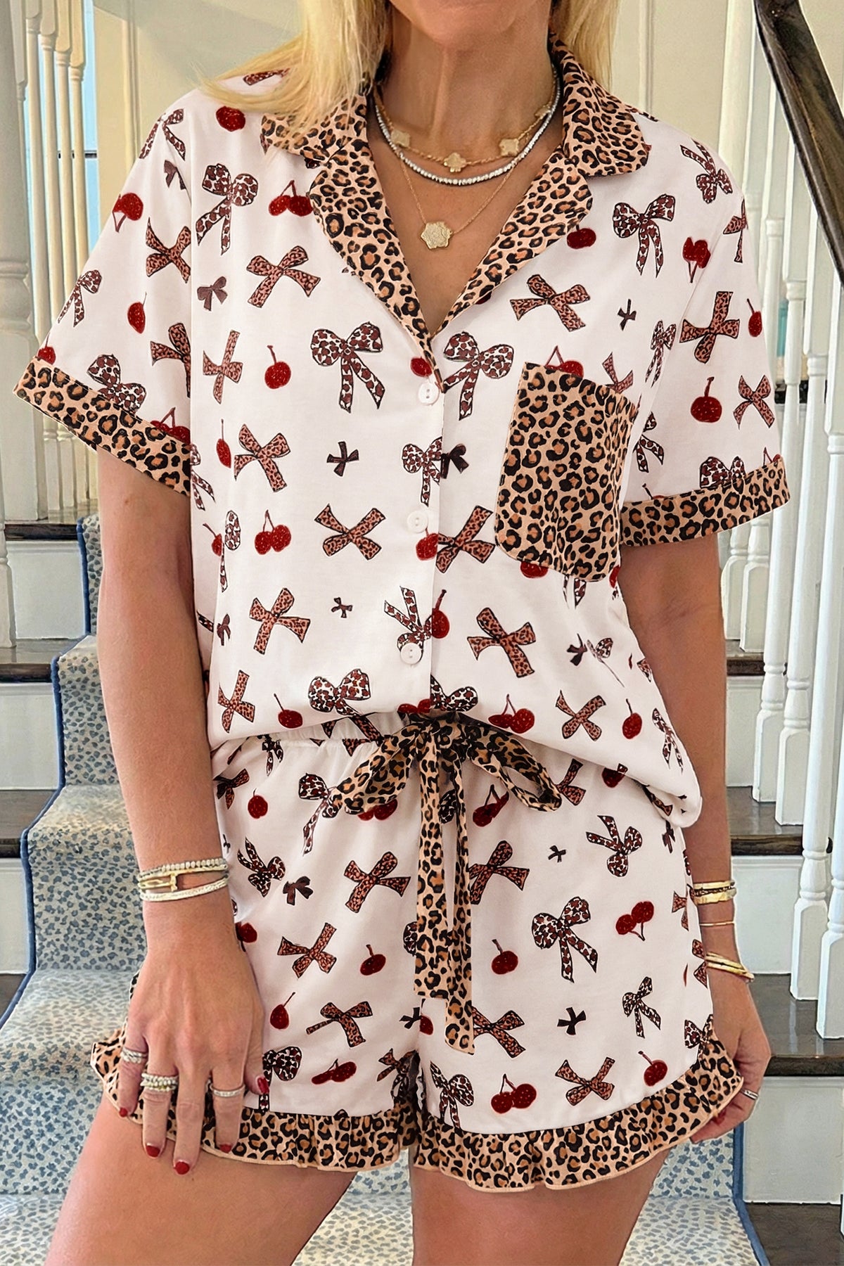 White Cherry Leopard Bow Pajama Set