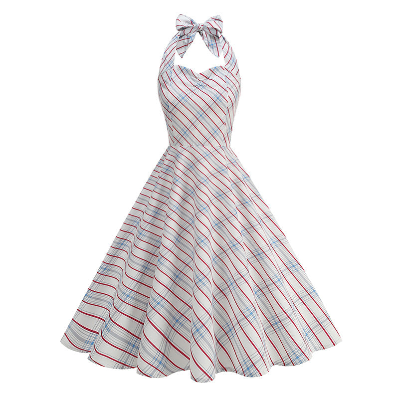 Houndstooth halter midi dress with satin tie
