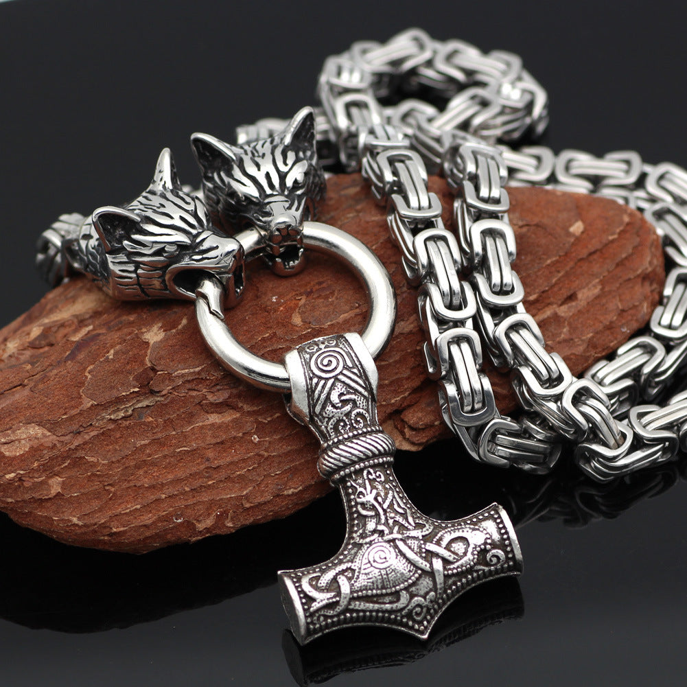Viking wolf head hammer stainless steel pendant