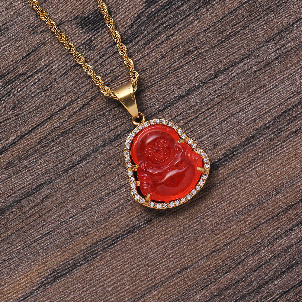Crystal Buddha head stainless steel necklace