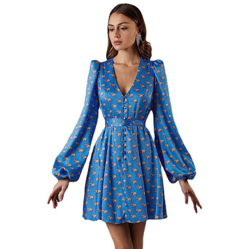 V-neck lantern-sleeve A-line mini dress