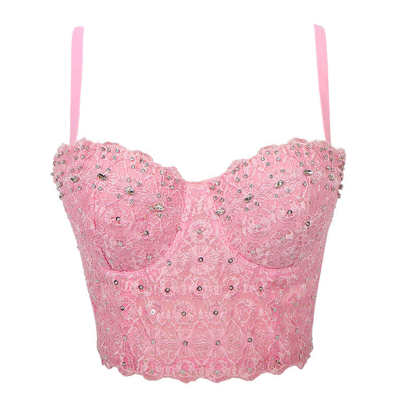 Women's Rhinestone Embroidered Backless Lace Top