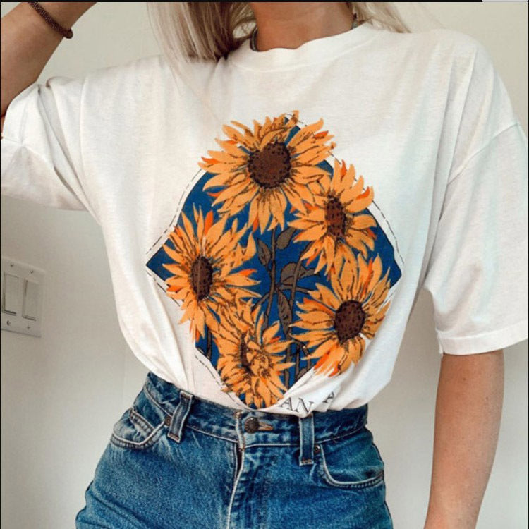 Women round Neck Short Sleeve Pattern Printed Loose Pullover Women T-shirt