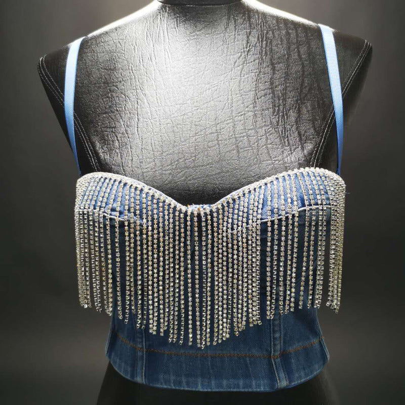 Women's Denim Tube Top Niche Tassel Rhinestone Camisole Outer Wear With Chest Pad Trendy Women Disco Top