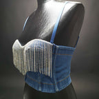 Women's Denim Tube Top Niche Tassel Rhinestone Camisole Outer Wear With Chest Pad Trendy Women Disco Top