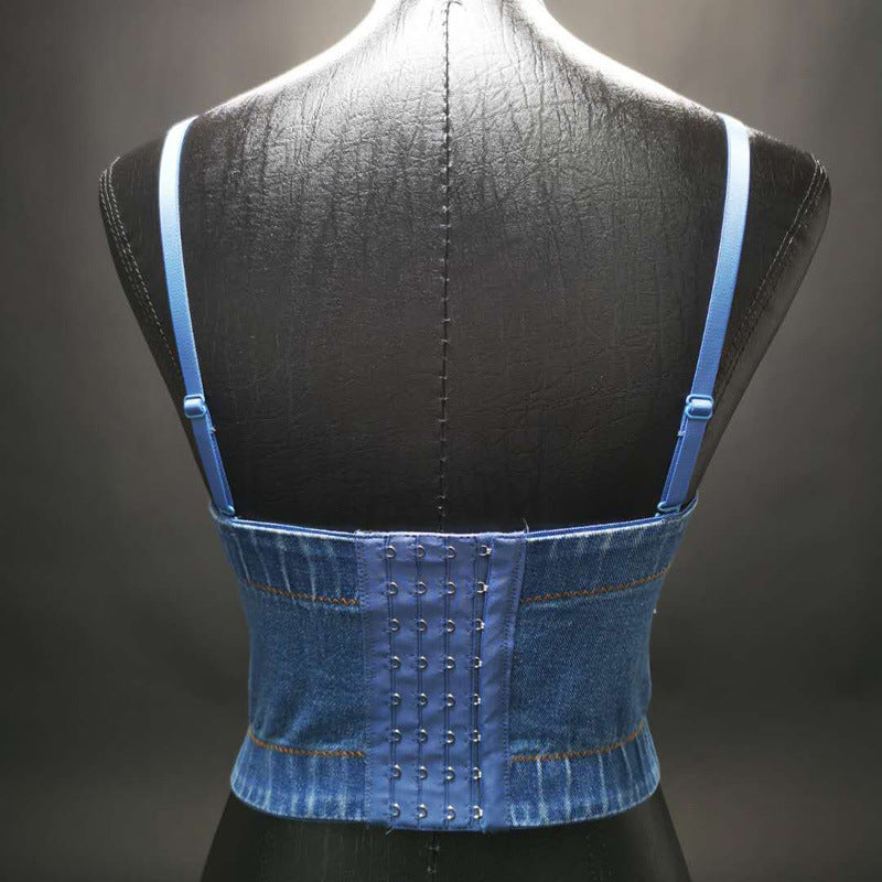 Women's Denim Tube Top Niche Tassel Rhinestone Camisole Outer Wear With Chest Pad Trendy Women Disco Top