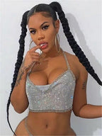 Women's Bar Nightclub Sexy Backless Tube Top Metal Rhinestone Spaghetti Straps Cropped Vest Women Clothing