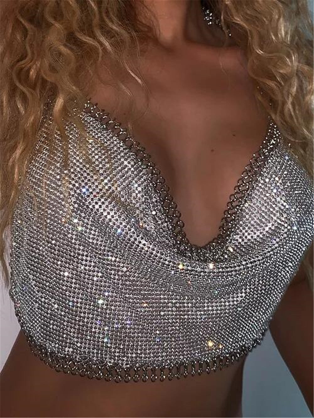 Women's Bar Nightclub Sexy Backless Tube Top Metal Rhinestone Spaghetti Straps Cropped Vest Women Clothing
