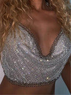 Women's Bar Nightclub Sexy Backless Tube Top Metal Rhinestone Spaghetti Straps Cropped Vest Women Clothing