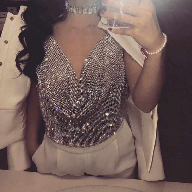Women's Rhinestone Metal Chain Halter Top