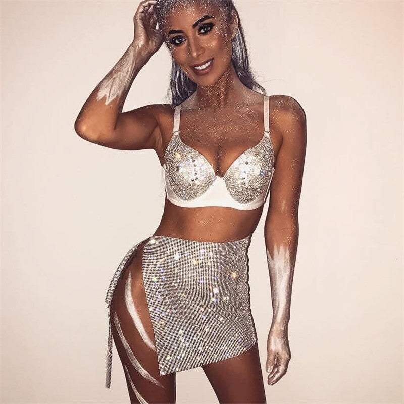 Rhinestone Hipster Slit Skirt