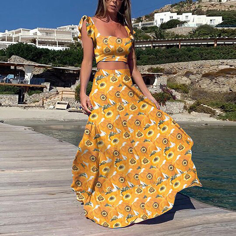Women's Summer Bohemian Print Sleeveless Dress Two-Piece Set