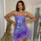 Purple sequin mini dress with chain straps and feathered ruffle hem, sweetheart bustier