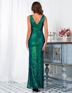 Women's V-Neck Sequin Lace Slit Evening Maxi Dress