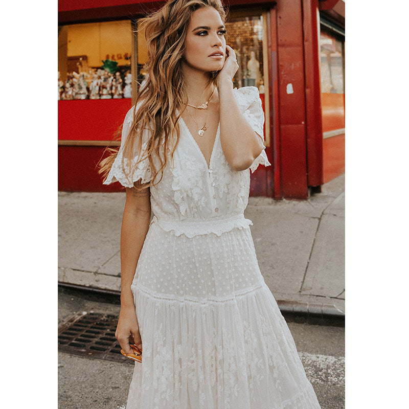 Women's V-Neck Lace Long-Sleeve A-Line Maxi Dress
