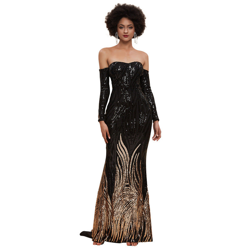 Women's Black Off-Shoulder Sequin Evening Dress