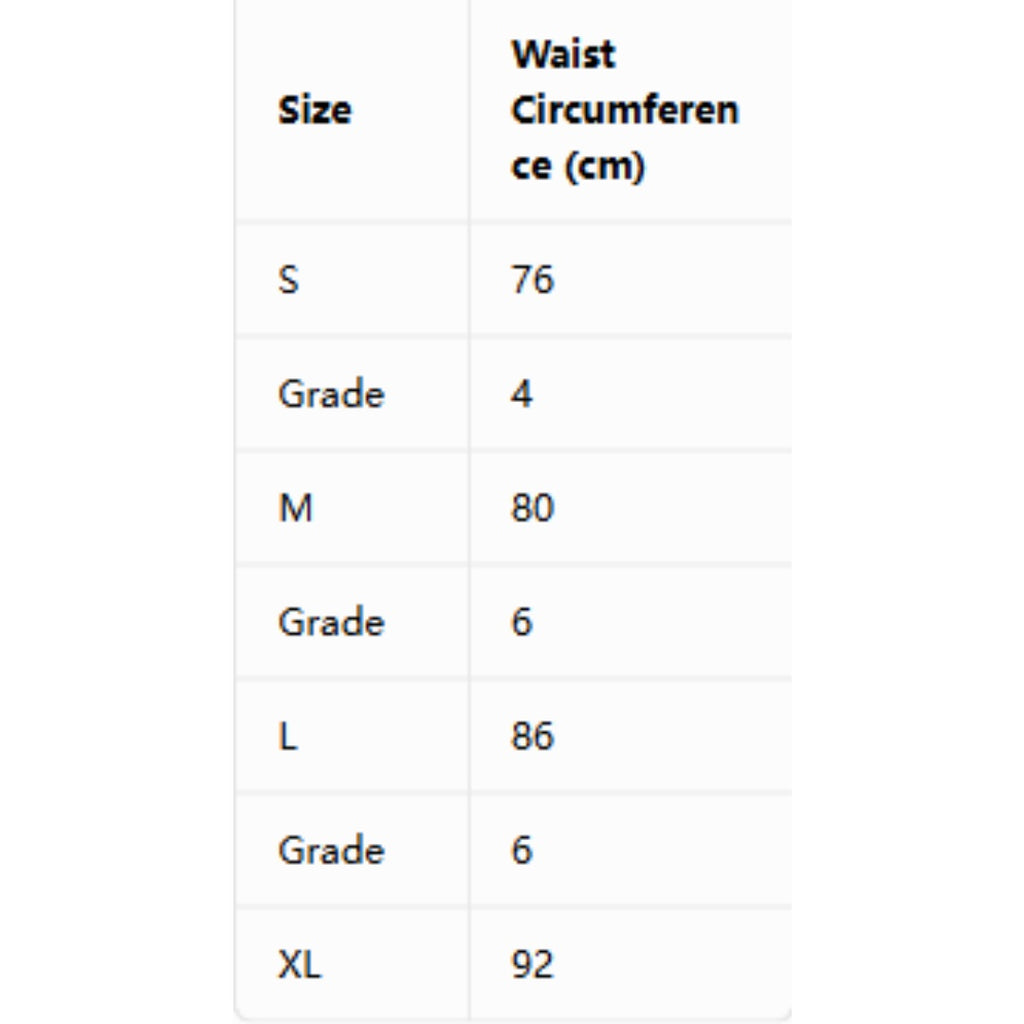 Waist circumference size chart table (cm) for S–XL