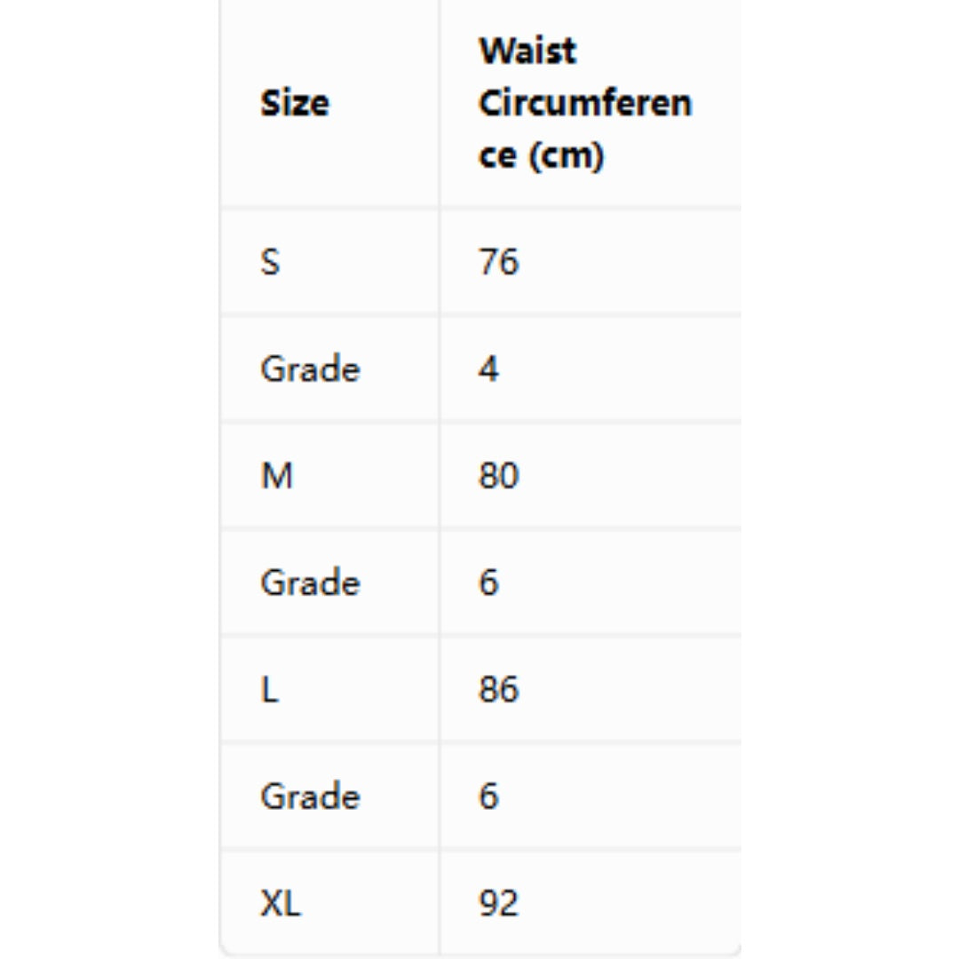 Waist circumference size chart table (cm) for S–XL