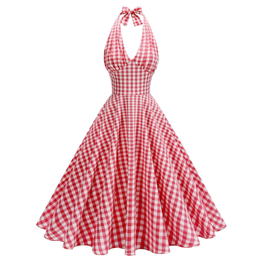 Checked halter pleated midi dress