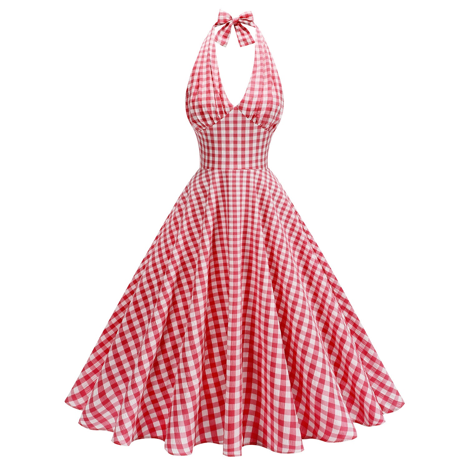 Checked halter pleated midi dress