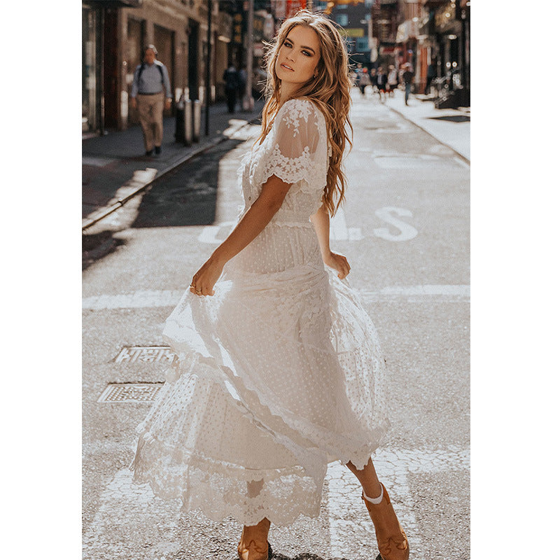 Women's V-Neck Lace Long-Sleeve A-Line Maxi Dress