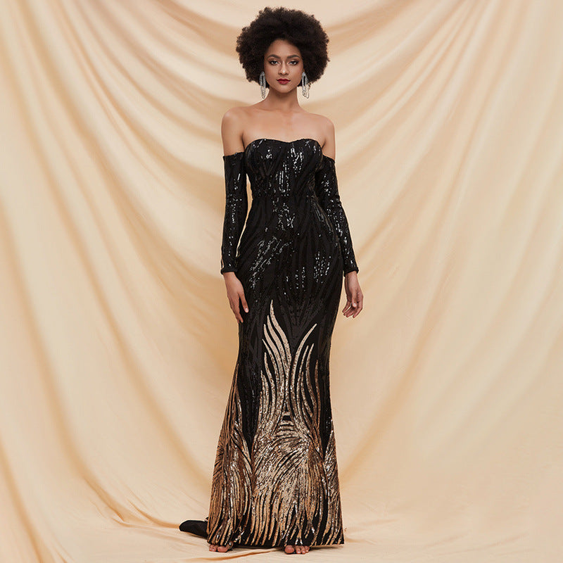 Women's Black Off-Shoulder Sequin Evening Dress