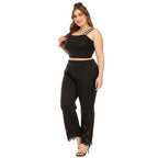Plus Size Women Clothing Hollow Out Cutout Out Burnt Floral Slightly Flared Straight Leg Pants Elastic Waist Casual Pants