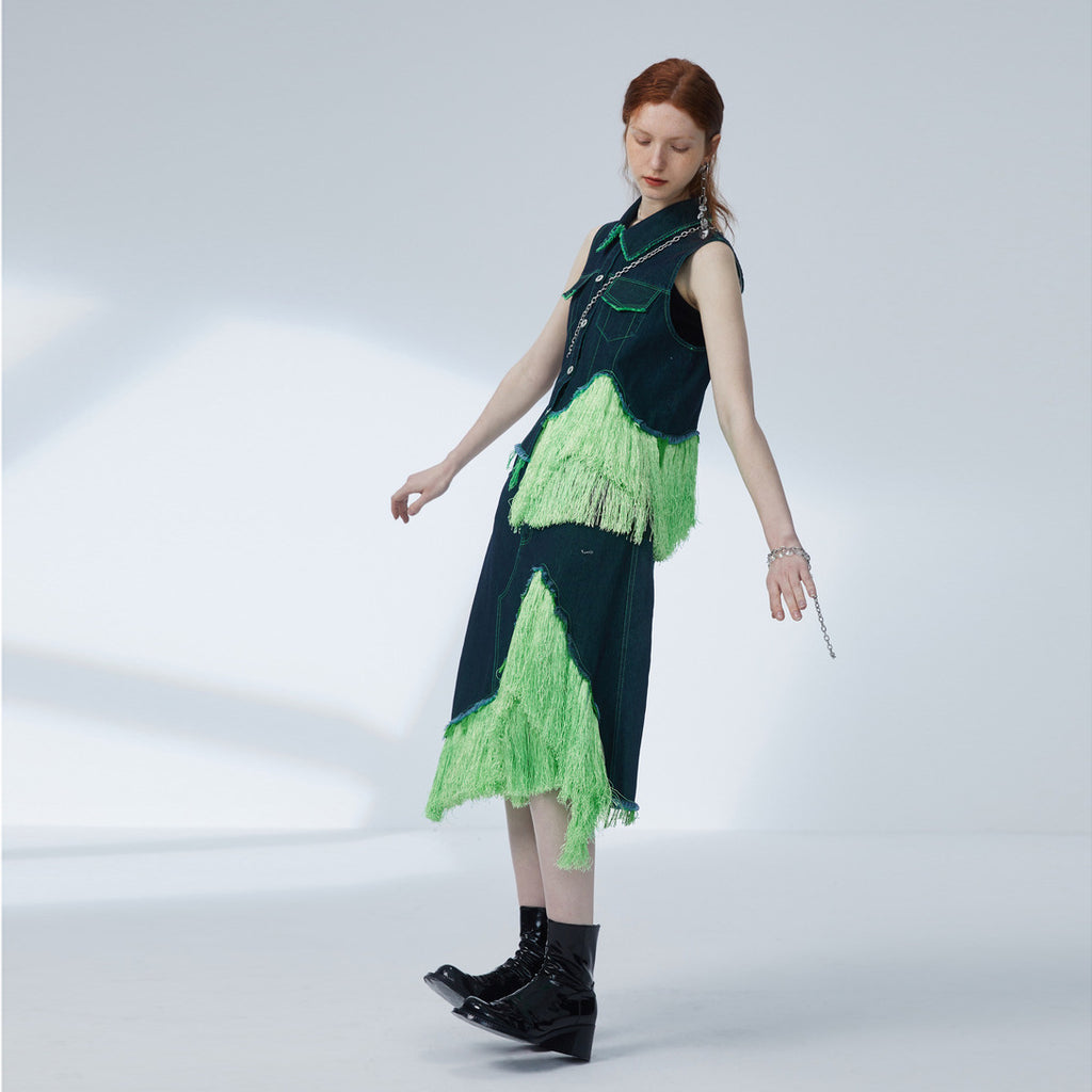 Women's Fluorescent Green Tassel Denim Vest and Skirt Two-Piece Set