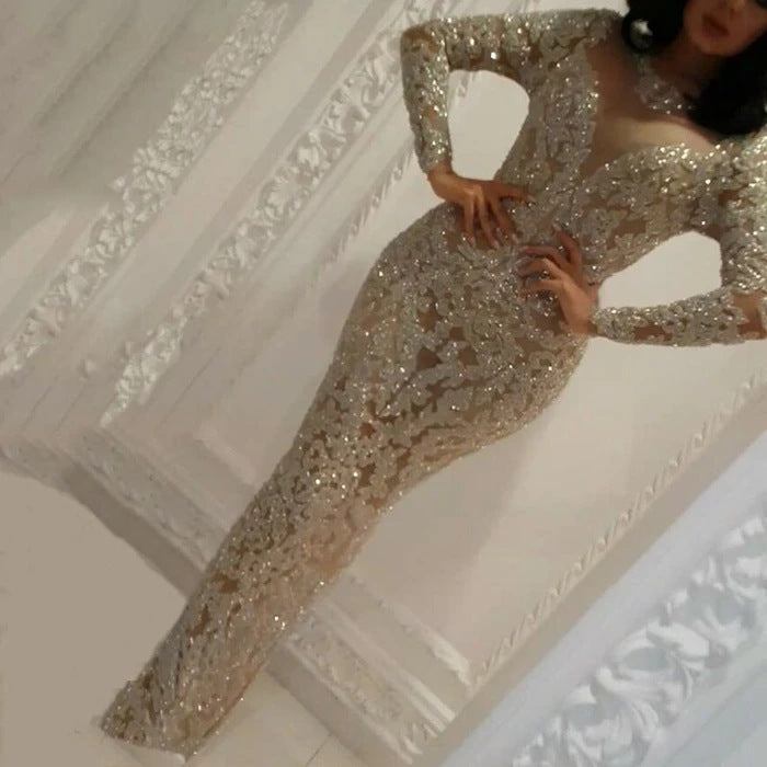 Women's Bronzed V-Neck Long Sleeve Evening Maxi Dress