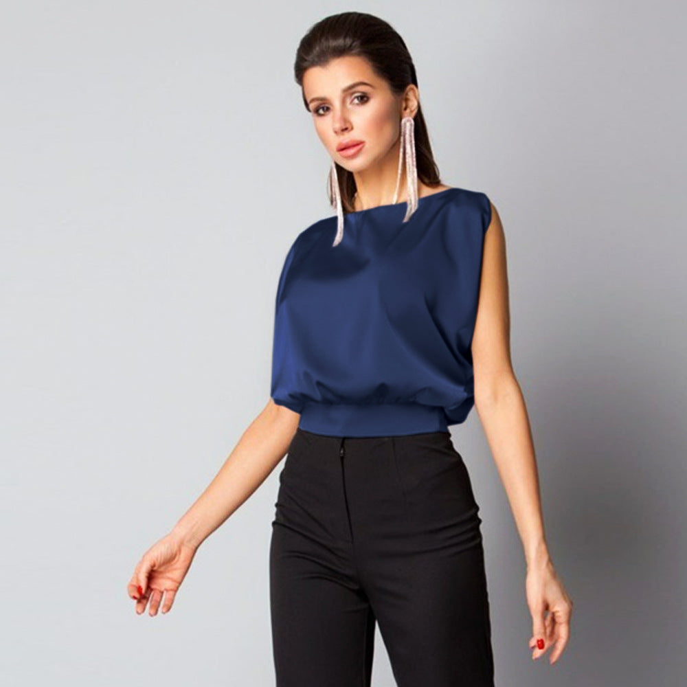 Sexy Backless Tied Back Satin Top Sleeveless O Neck High Quality Women Clothing