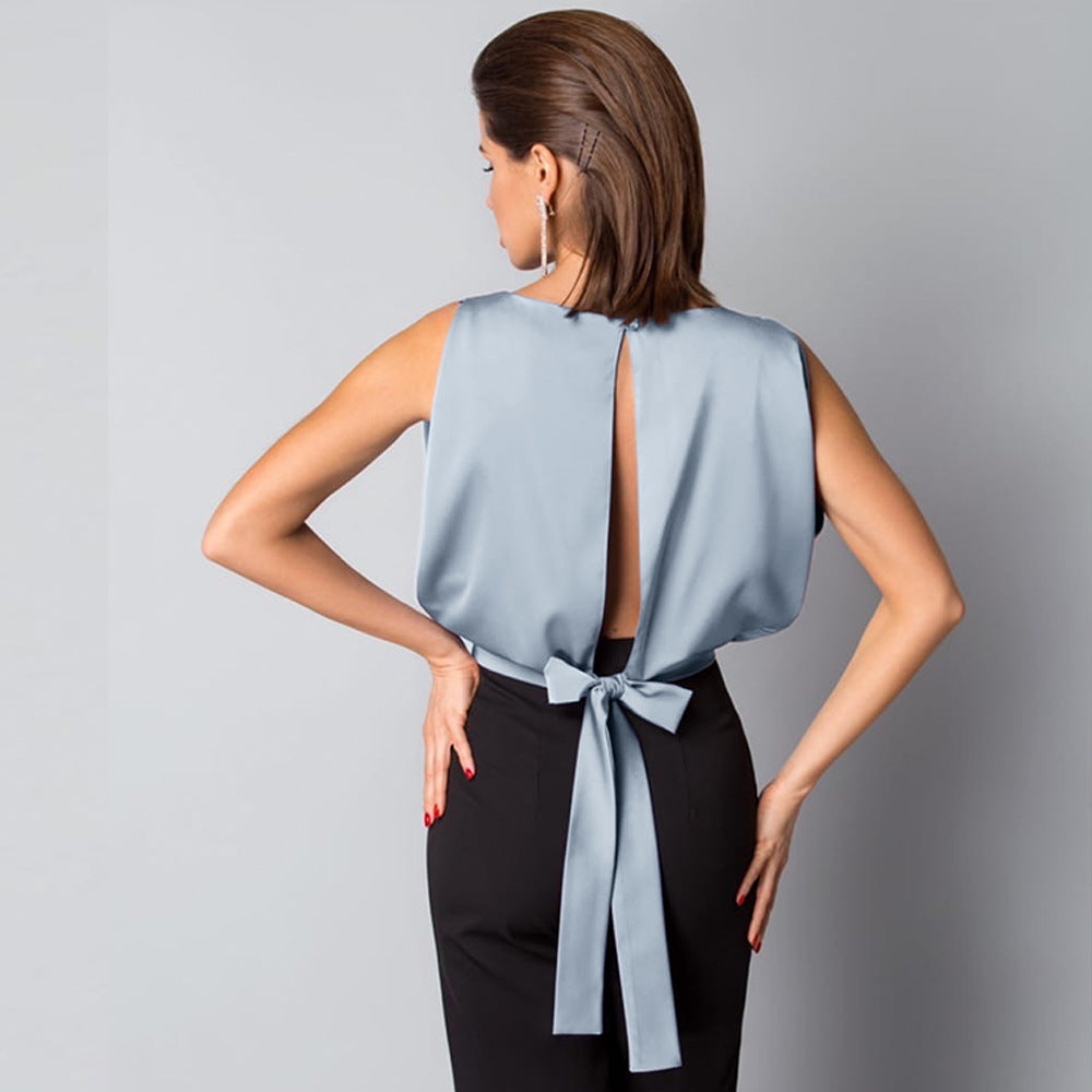 Sexy Backless Tied Back Satin Top Sleeveless O Neck High Quality Women Clothing