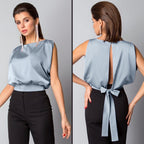 Sexy Backless Tied Back Satin Top Sleeveless O Neck High Quality Women Clothing
