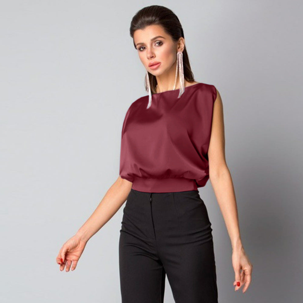 Sexy Backless Tied Back Satin Top Sleeveless O Neck High Quality Women Clothing