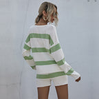Casual Long-Sleeve Thin Striped Shorts Suit Two-Piece Set