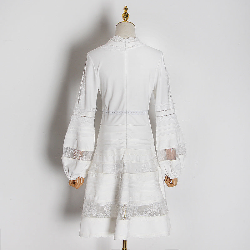 Women's White Lace V-Neck A-Line Dress
