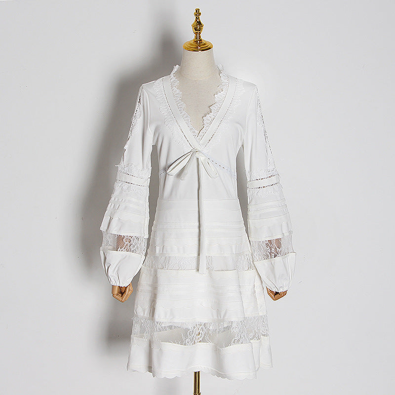 Women's White Lace V-Neck A-Line Dress