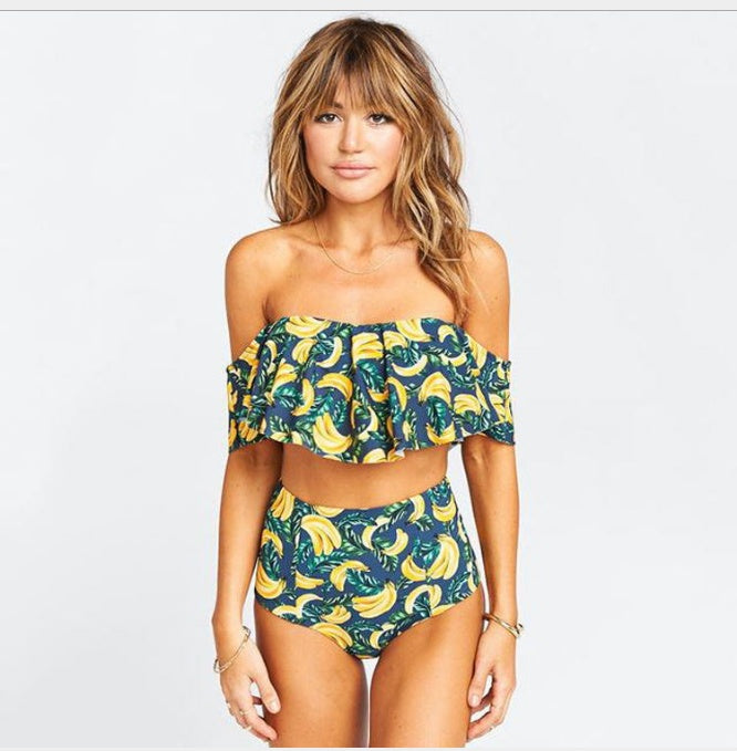 Off-shoulder one-piece swimsuit with yellow-green tropical print and ruffled top