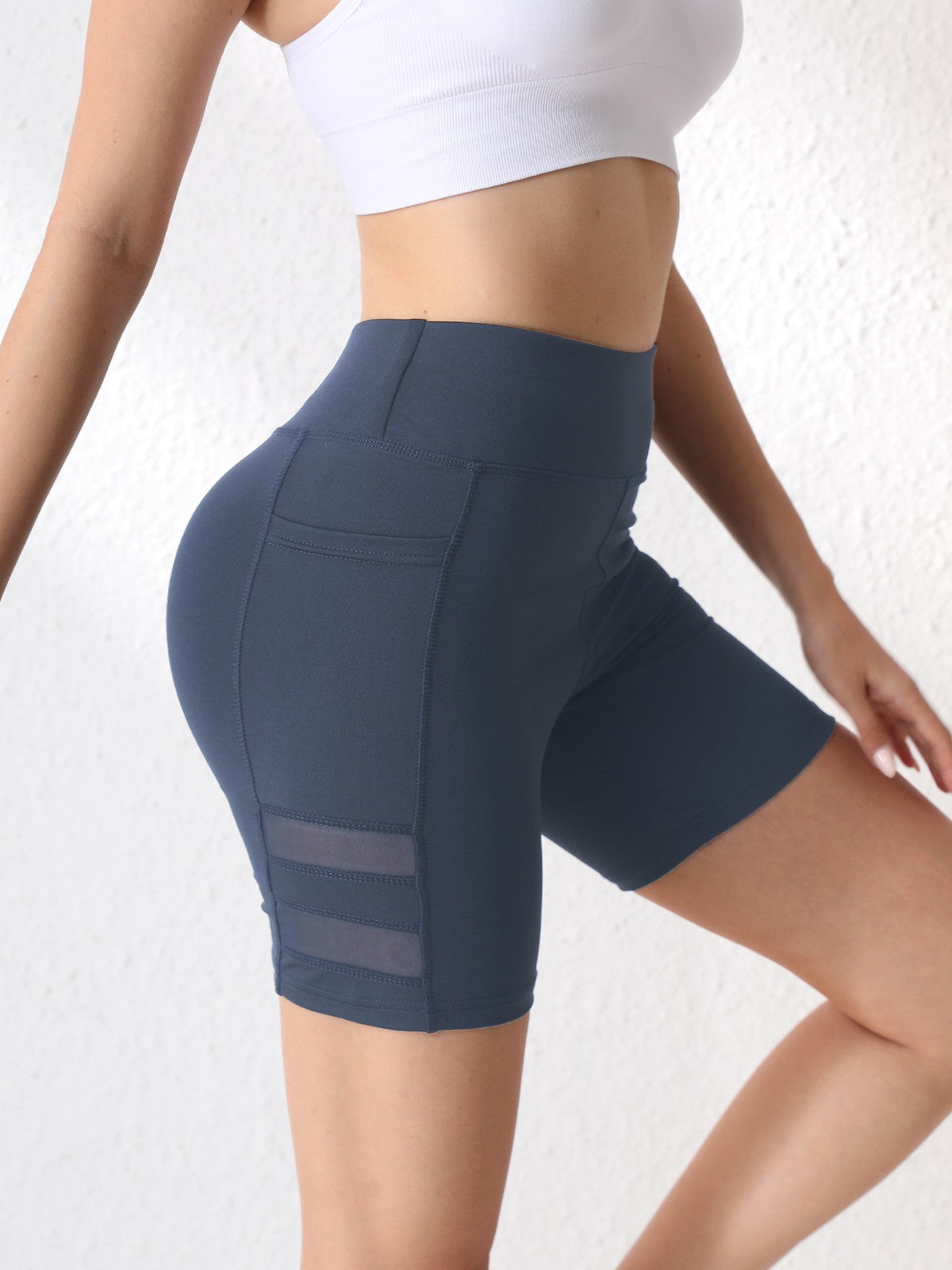 Women's gray mesh-panel yoga biker shorts